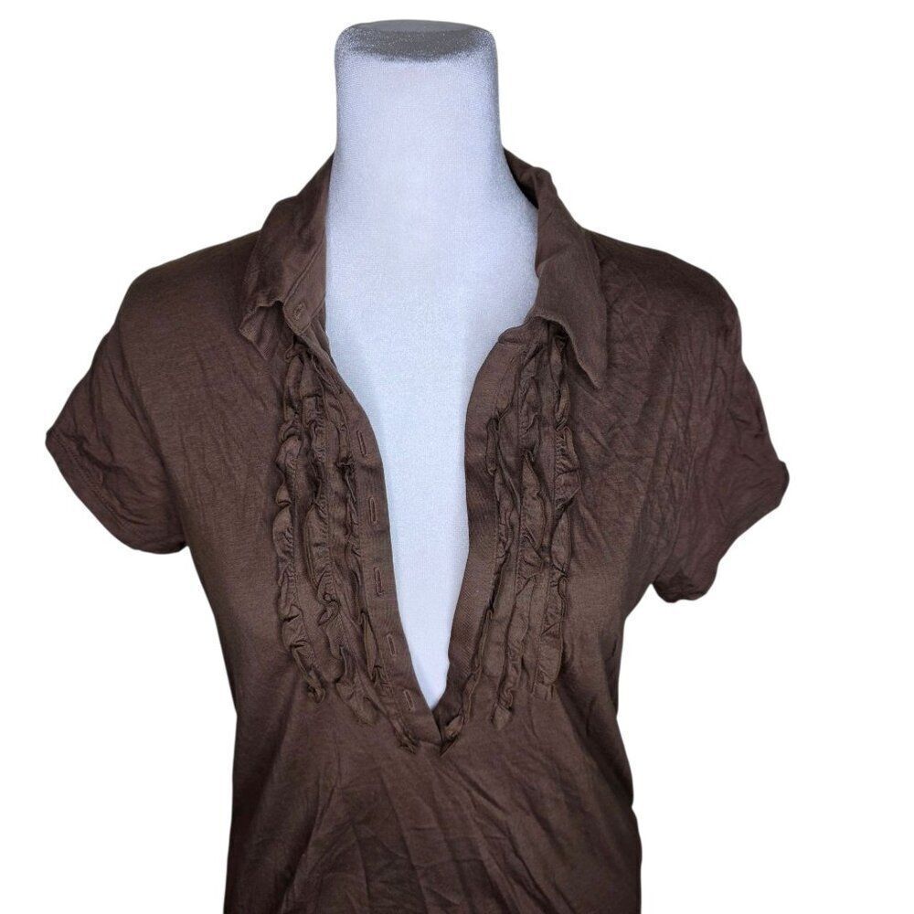 Talbots Cap Sleeve VNeck Ruffle Detail Slim Fit Top Womens Size M Brown
